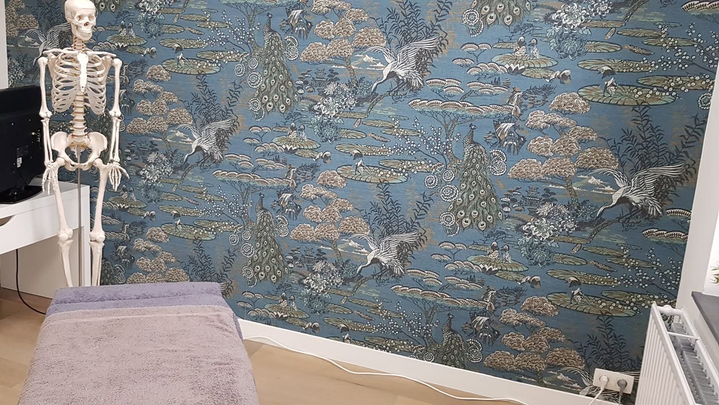 Cabinet de Flémalle : table de consultation et modèle anatomique devant un mur aux motifs bleus.