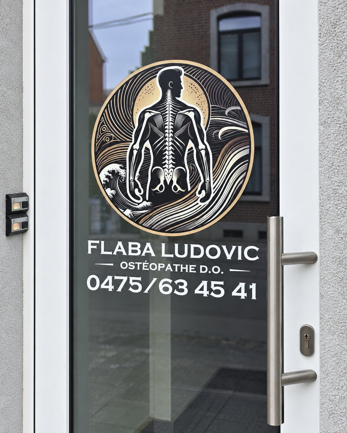 Nouvelle porte du cabinet de Flémalle avec le logo, le nom Flaba Ludovic, la mention Ostéopathe D.O. et le téléphone 0475/63 45 41.